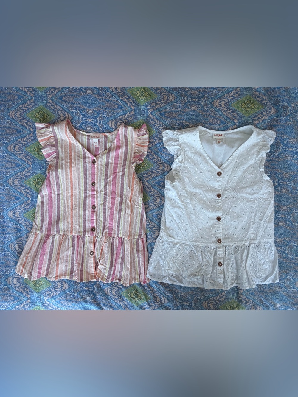 New Cat & Jack Pink/Peach Striped Top and White Eyelet Button-Front Set